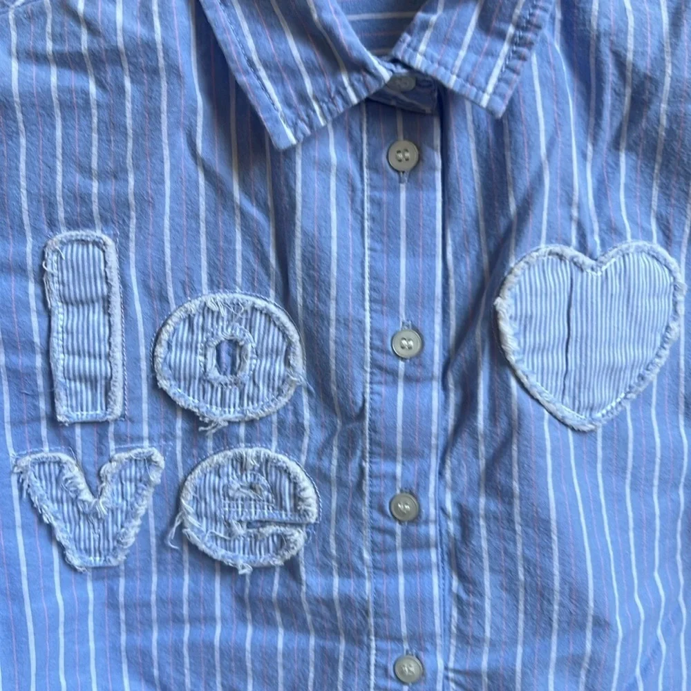 Zara Girls Crop Top Blue Striped Kids Shirt with Love Embroidery